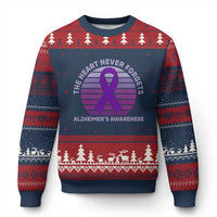 The Heart Never Forgets Alzheimers Support Ugly Christmas Sweater Vintage Sunset Purple Ribbon Graphic