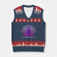 The Heart Never Forgets Alzheimers Support V-Neck Knit Sweater Vest Vintage Sunset Purple Ribbon Graphic