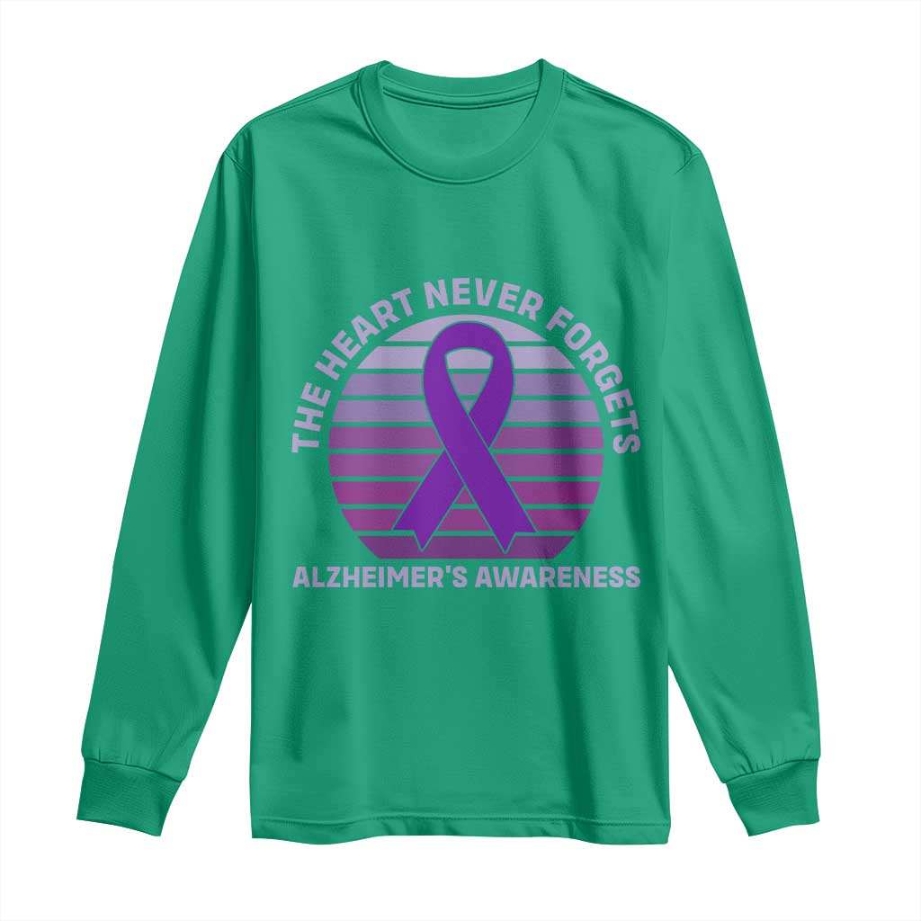 The Heart Never Forgets Alzheimers Support Long Sleeve Shirt Vintage Sunset Purple Ribbon Graphic