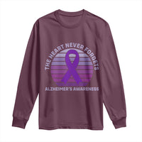 The Heart Never Forgets Alzheimers Support Long Sleeve Shirt Vintage Sunset Purple Ribbon Graphic