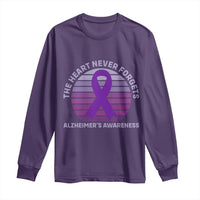 The Heart Never Forgets Alzheimers Support Long Sleeve Shirt Vintage Sunset Purple Ribbon Graphic