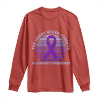 The Heart Never Forgets Alzheimers Support Long Sleeve Shirt Vintage Sunset Purple Ribbon Graphic