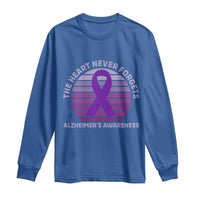 The Heart Never Forgets Alzheimers Support Long Sleeve Shirt Vintage Sunset Purple Ribbon Graphic
