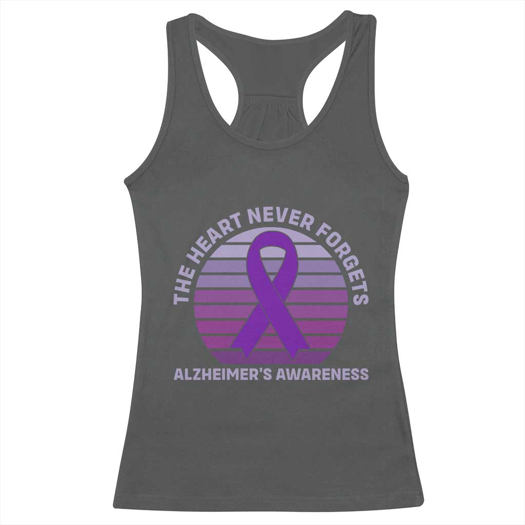 The Heart Never Forgets Alzheimers Support Racerback Tank Top Vintage Sunset Purple Ribbon Graphic