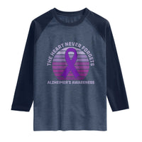 The Heart Never Forgets Alzheimers Support Raglan Shirt Vintage Sunset Purple Ribbon Graphic