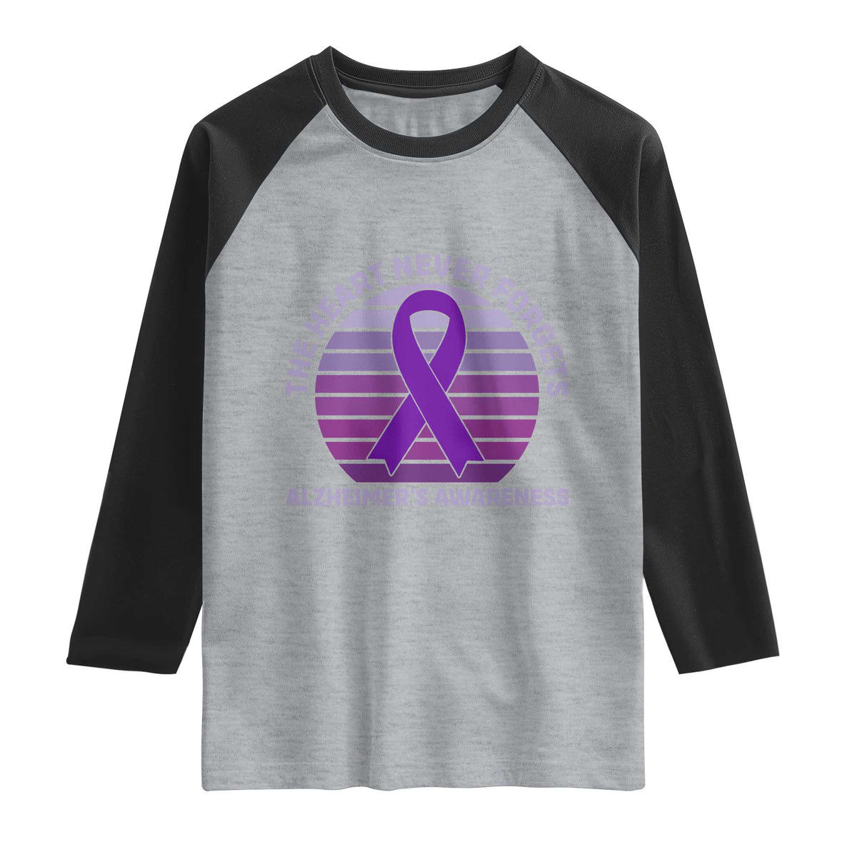 The Heart Never Forgets Alzheimers Support Raglan Shirt Vintage Sunset Purple Ribbon Graphic