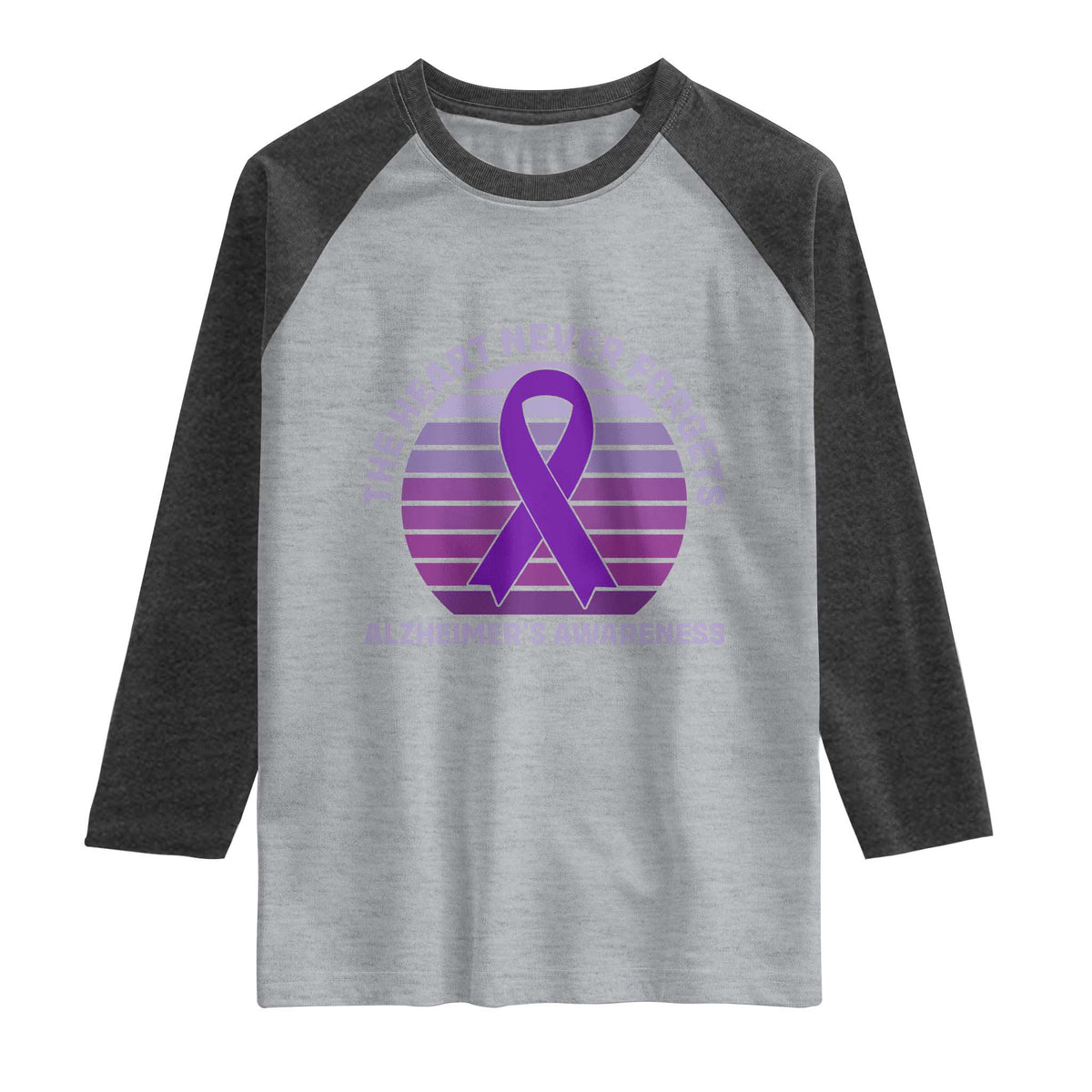 The Heart Never Forgets Alzheimers Support Raglan Shirt Vintage Sunset Purple Ribbon Graphic