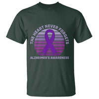 The Heart Never Forgets Alzheimers Support T Shirt Vintage Sunset Purple Ribbon Graphic