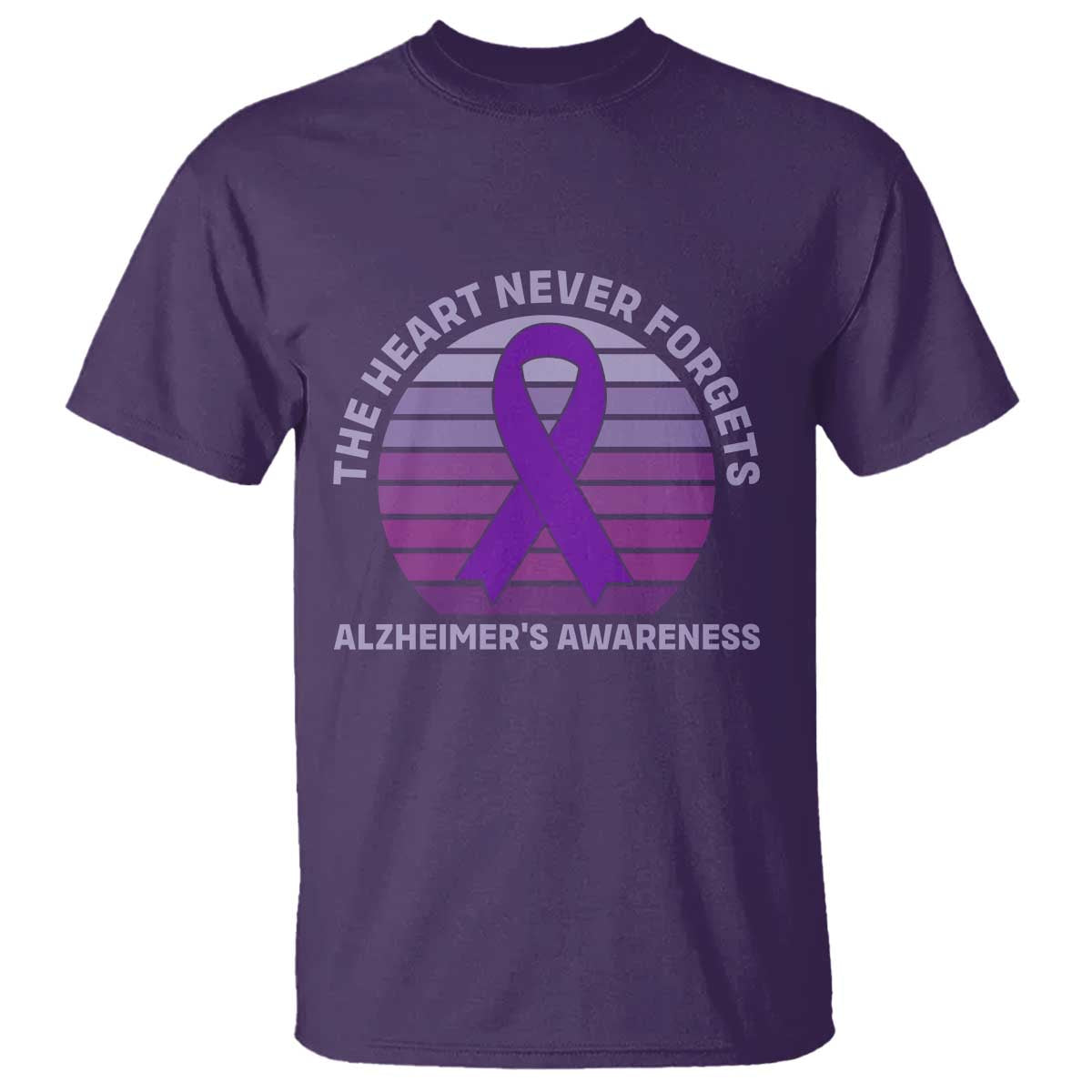 The Heart Never Forgets Alzheimers Support T Shirt Vintage Sunset Purple Ribbon Graphic