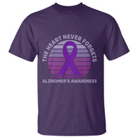The Heart Never Forgets Alzheimers Support T Shirt Vintage Sunset Purple Ribbon Graphic