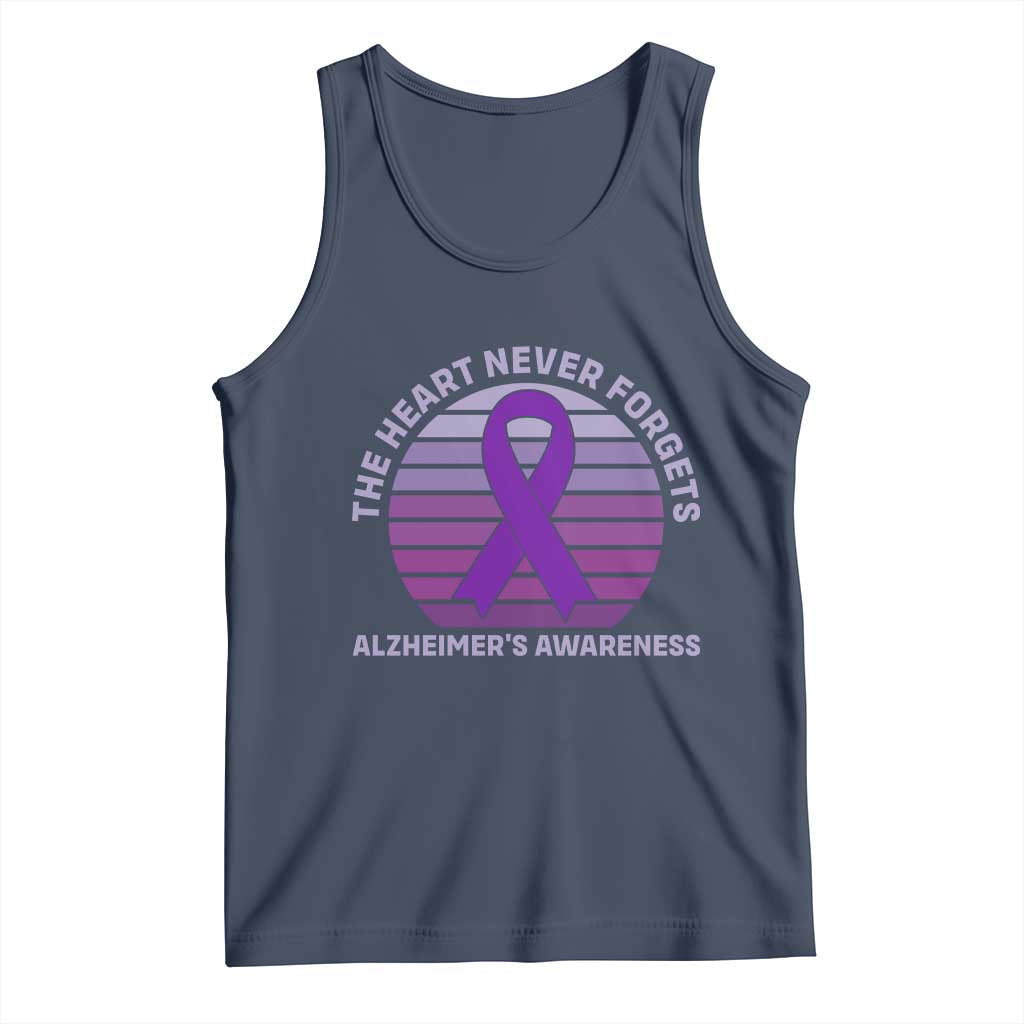 The Heart Never Forgets Alzheimers Support Tank Top Vintage Sunset Purple Ribbon Graphic