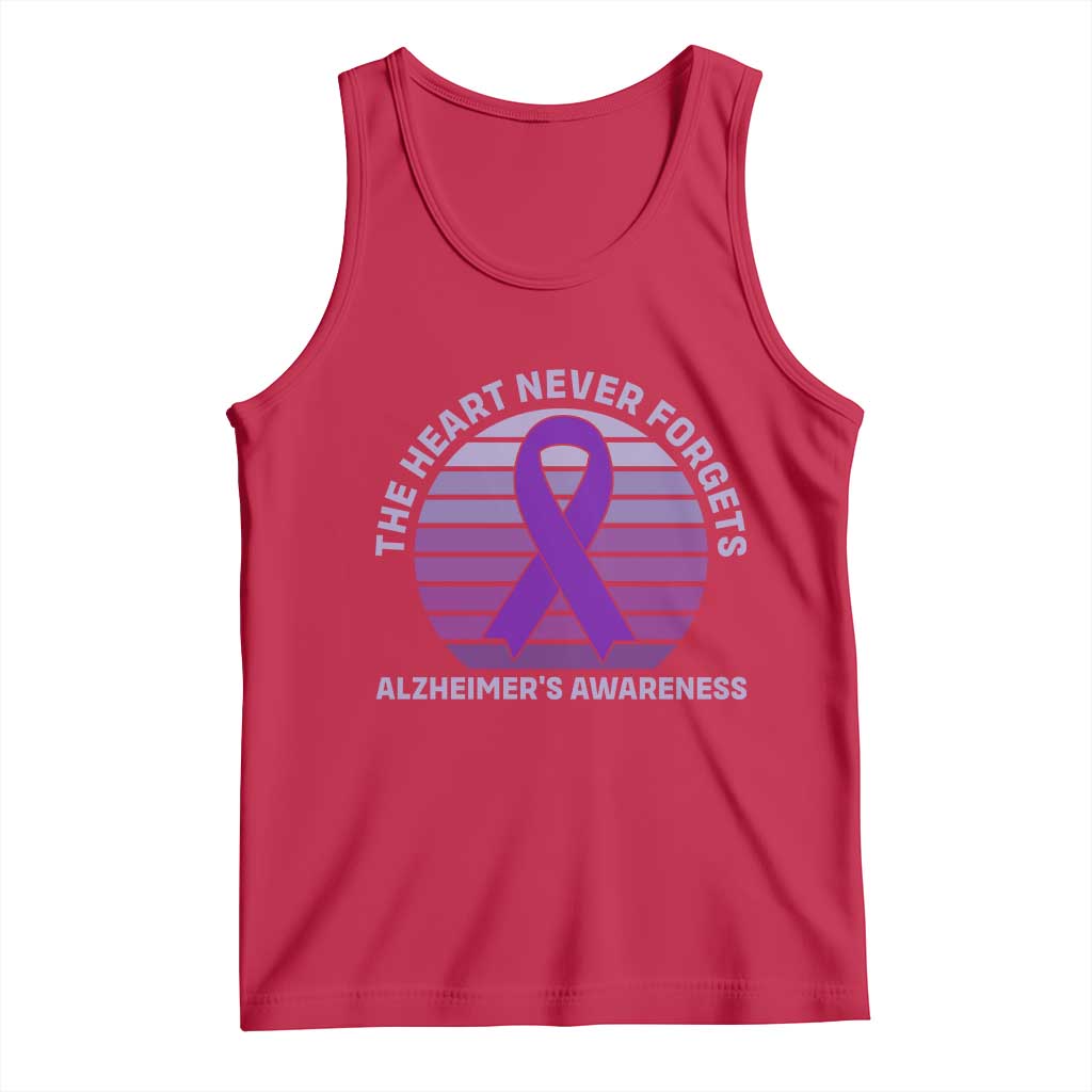 The Heart Never Forgets Alzheimers Support Tank Top Vintage Sunset Purple Ribbon Graphic
