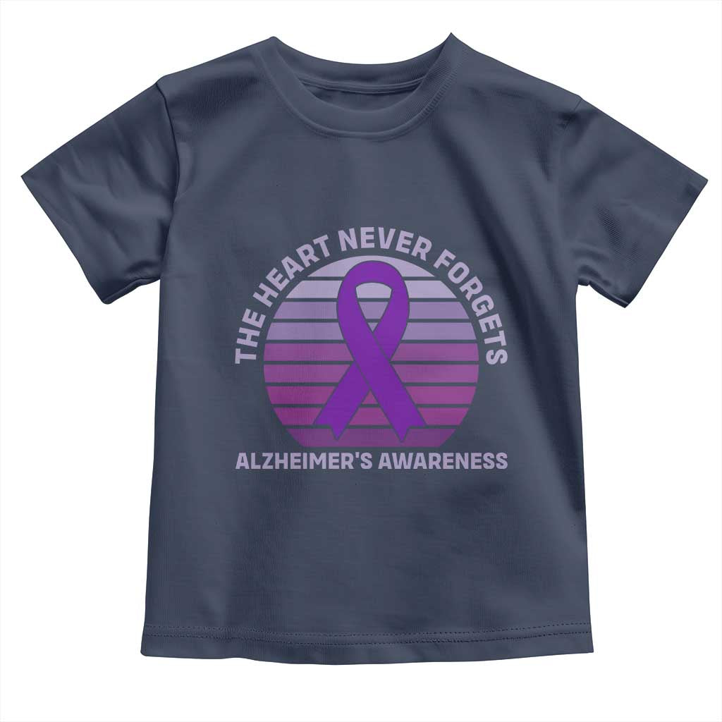 The Heart Never Forgets Alzheimers Support Toddler T Shirt Vintage Sunset Purple Ribbon Graphic