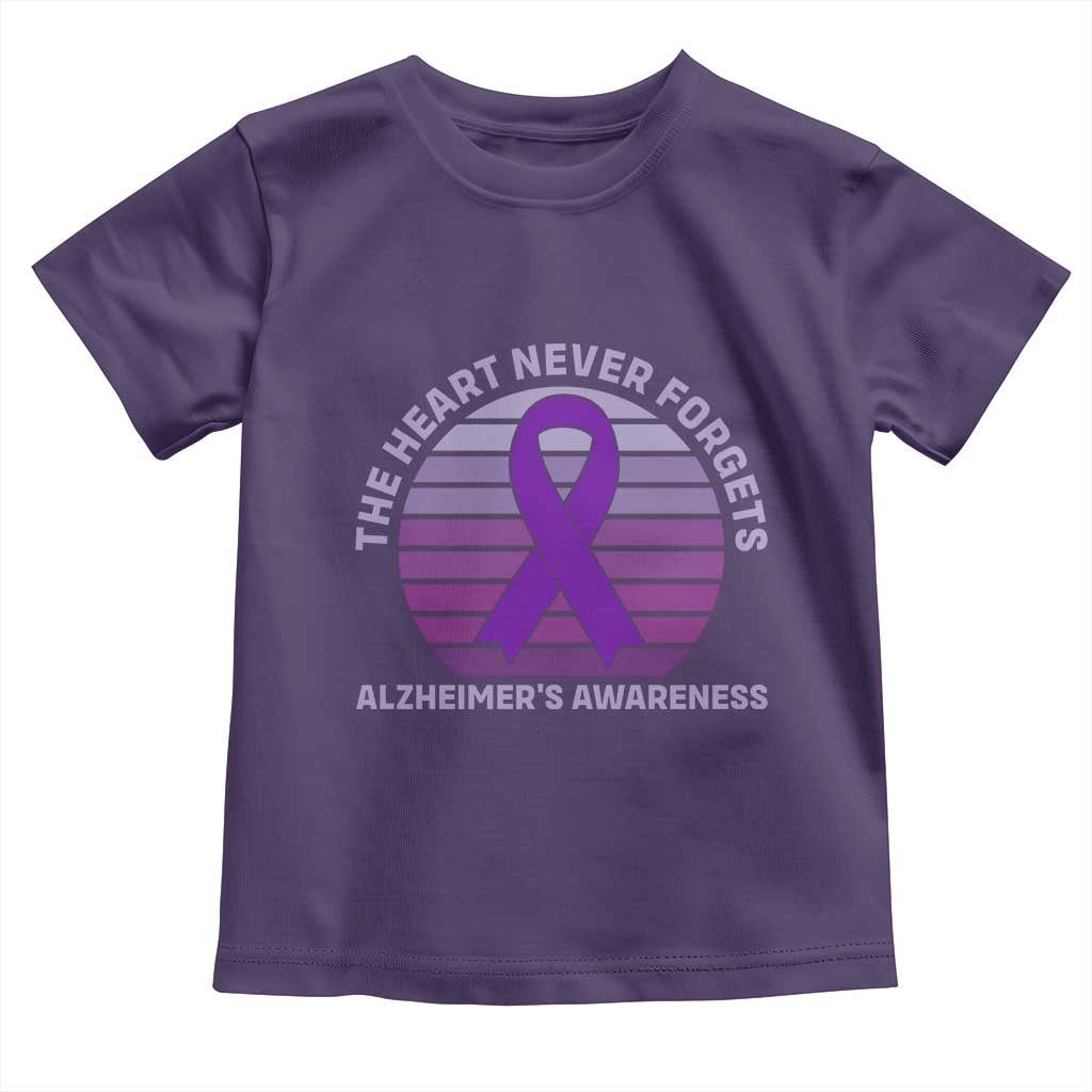 The Heart Never Forgets Alzheimers Support Toddler T Shirt Vintage Sunset Purple Ribbon Graphic