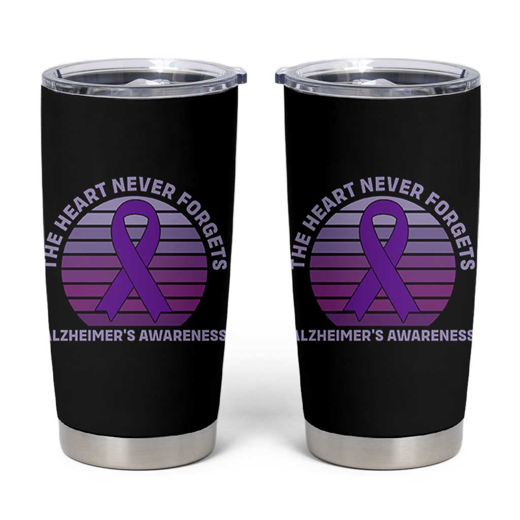 The Heart Never Forgets Alzheimers Support Tumbler Cup Vintage Sunset Purple Ribbon Graphic