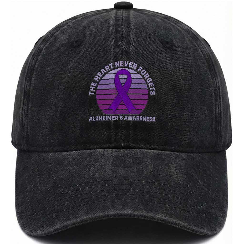 The Heart Never Forgets Alzheimers Support Washed Cotton Baseball Cap Vintage Sunset Purple Ribbon Graphic