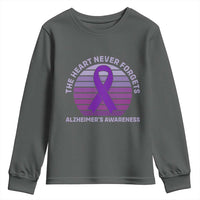 The Heart Never Forgets Alzheimers Support Youth Sweatshirt Vintage Sunset Purple Ribbon Graphic