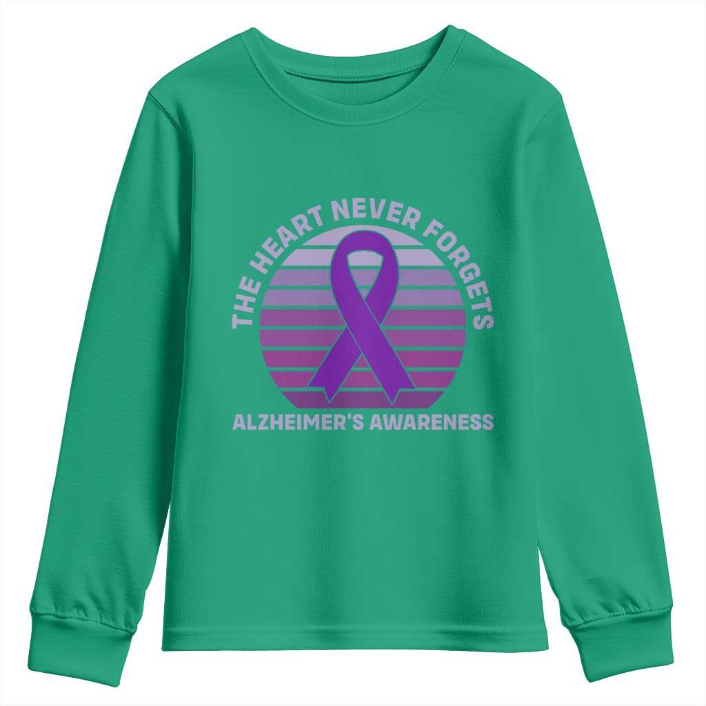 The Heart Never Forgets Alzheimers Support Youth Sweatshirt Vintage Sunset Purple Ribbon Graphic