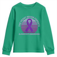 The Heart Never Forgets Alzheimers Support Youth Sweatshirt Vintage Sunset Purple Ribbon Graphic