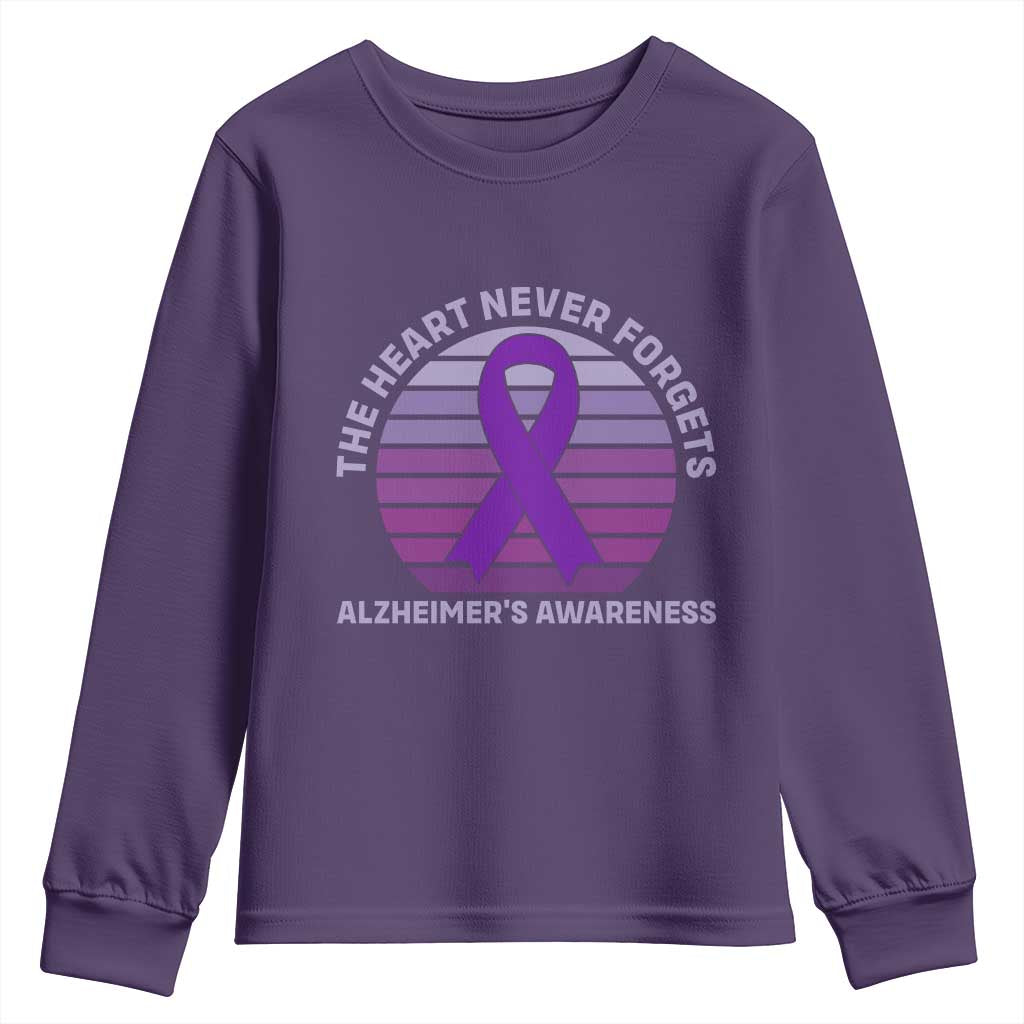 The Heart Never Forgets Alzheimers Support Youth Sweatshirt Vintage Sunset Purple Ribbon Graphic