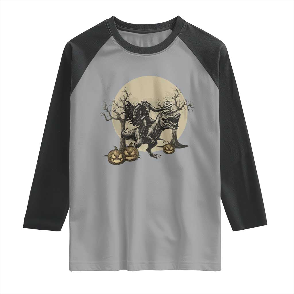 Funny Halloween Gift Raglan Shirt Headless Horseman Riding A Dino - Wonder Print Shop