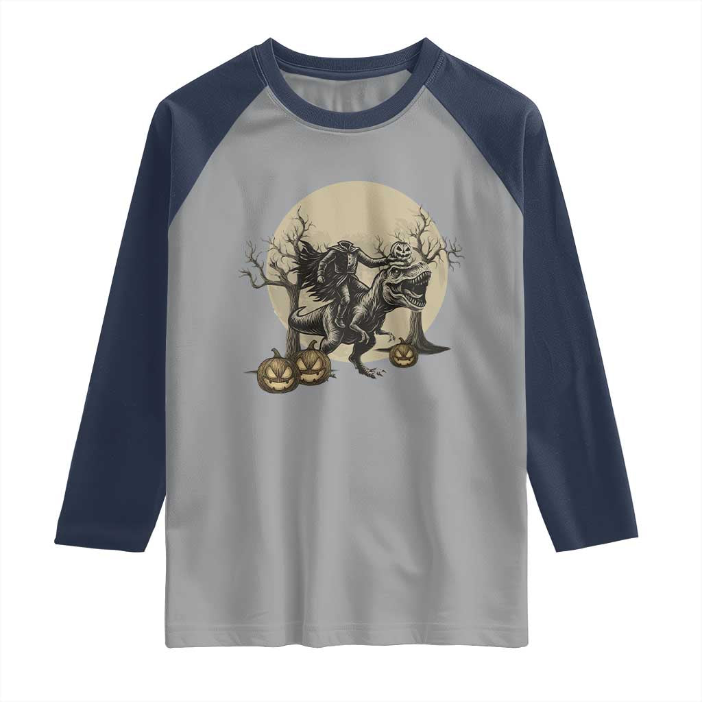Funny Halloween Gift Raglan Shirt Headless Horseman Riding A Dino - Wonder Print Shop