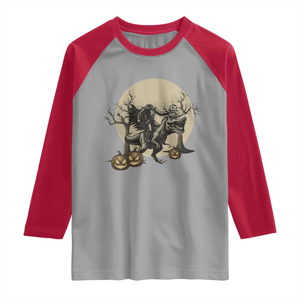 Funny Halloween Gift Raglan Shirt Headless Horseman Riding A Dino - Wonder Print Shop