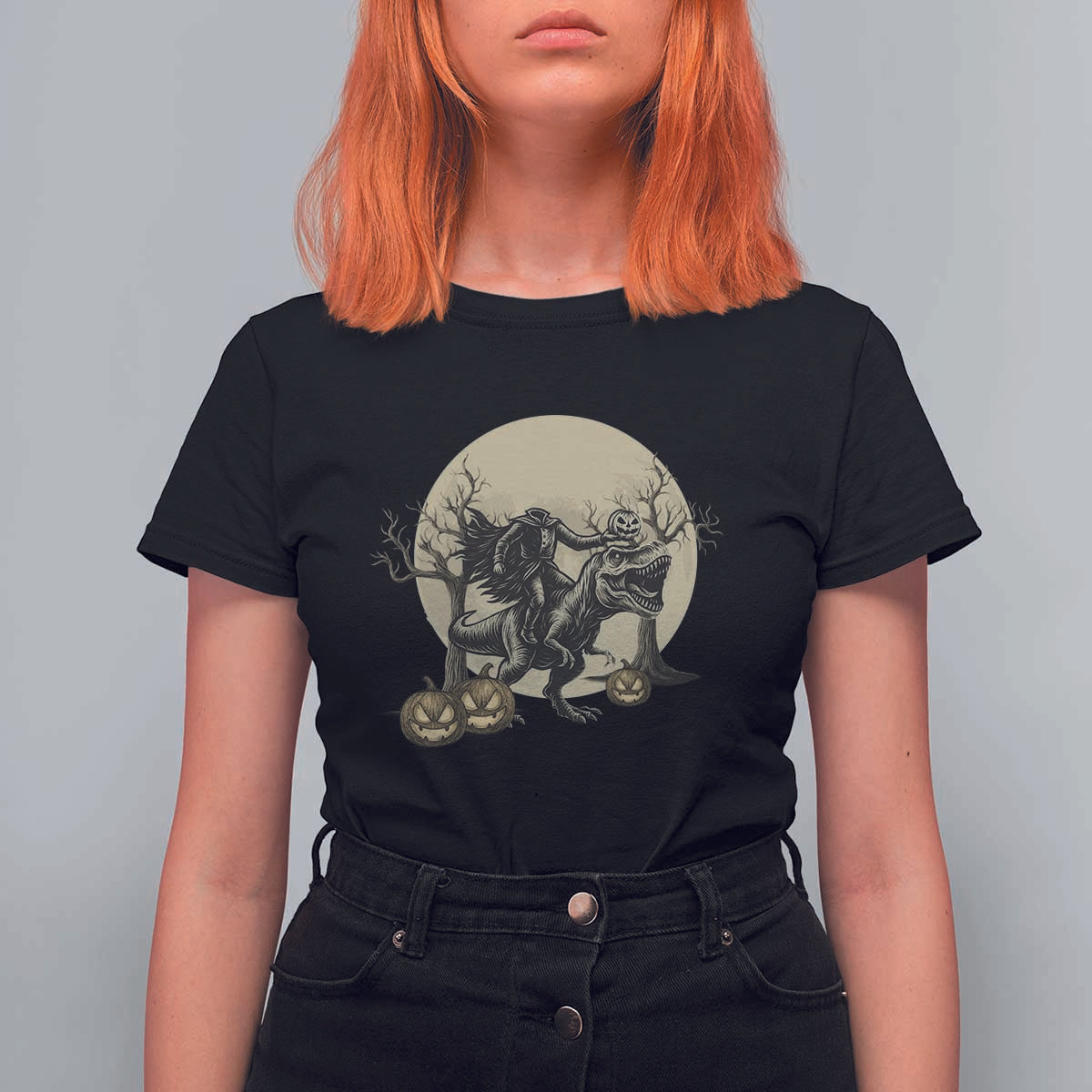 Funny Halloween Gift T Shirt For Women Headless Horseman Riding A Dino - Wonder Print Shop