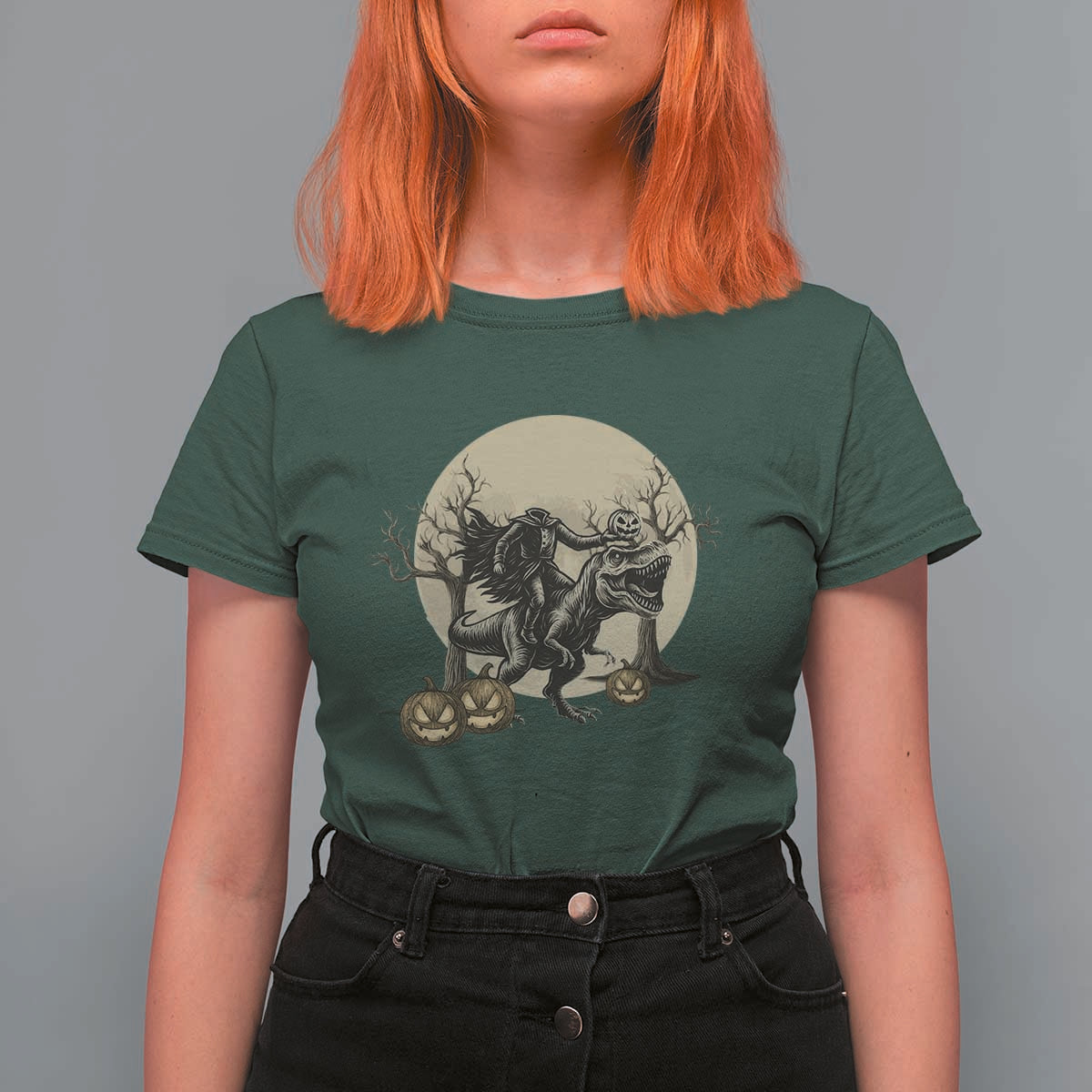 Funny Halloween Gift T Shirt For Women Headless Horseman Riding A Dino - Wonder Print Shop