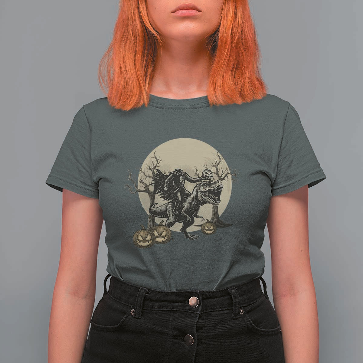 Funny Halloween Gift T Shirt For Women Headless Horseman Riding A Dino - Wonder Print Shop