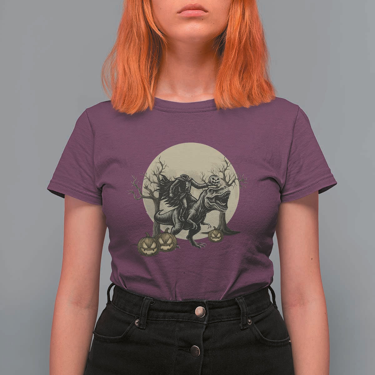 Funny Halloween Gift T Shirt For Women Headless Horseman Riding A Dino - Wonder Print Shop