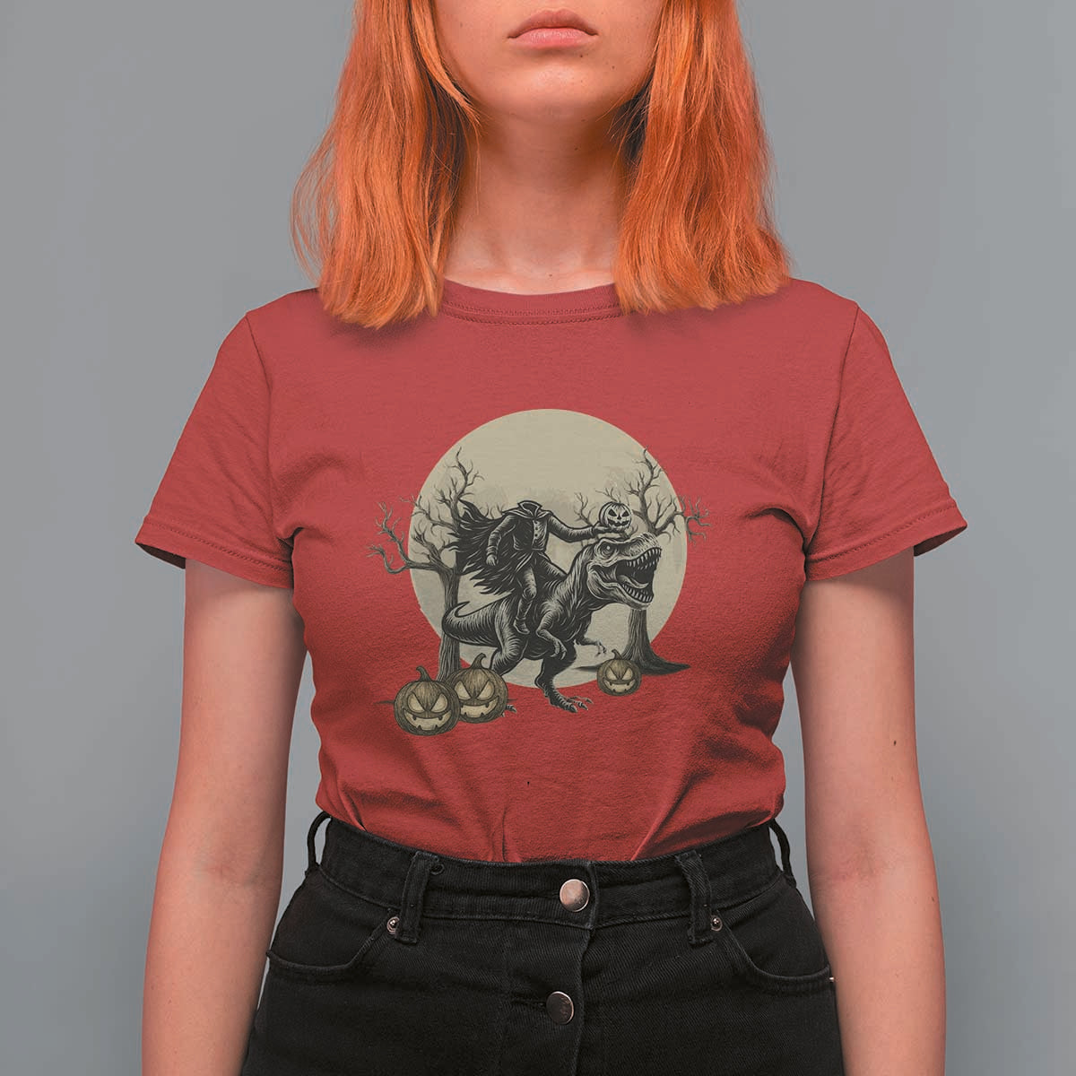 Funny Halloween Gift T Shirt For Women Headless Horseman Riding A Dino - Wonder Print Shop