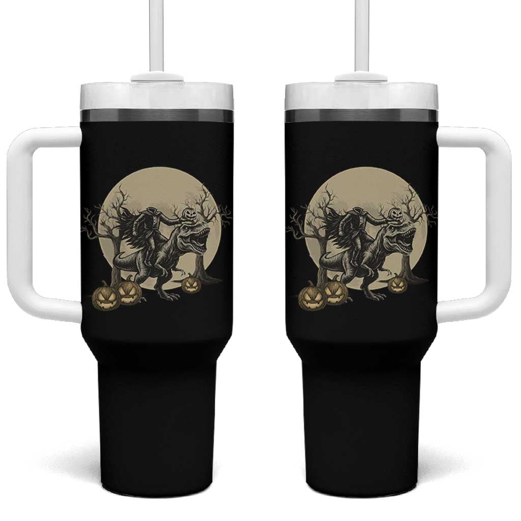 Funny Halloween Gift Tumbler With Handle Headless Horseman Riding A Dino