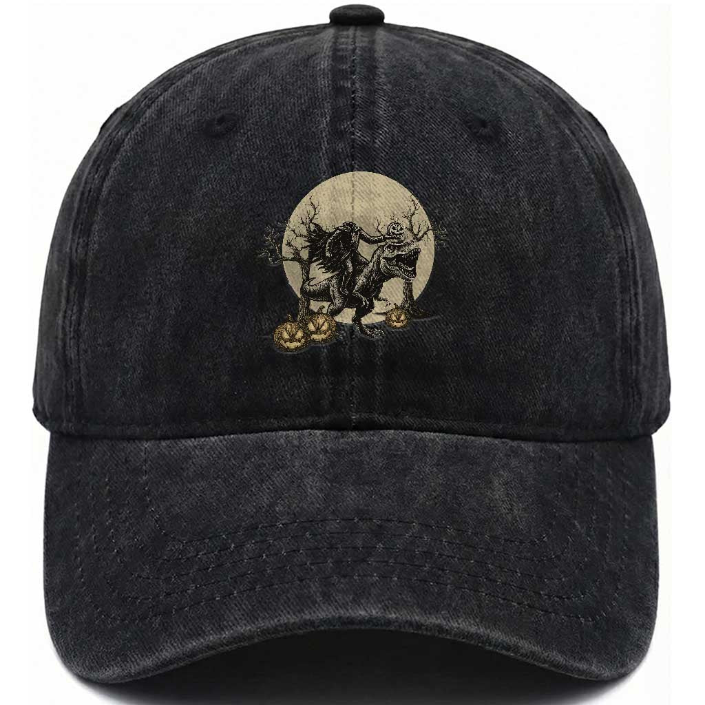 Funny Halloween Gift Washed Cotton Baseball Cap Headless Horseman Riding A Dino