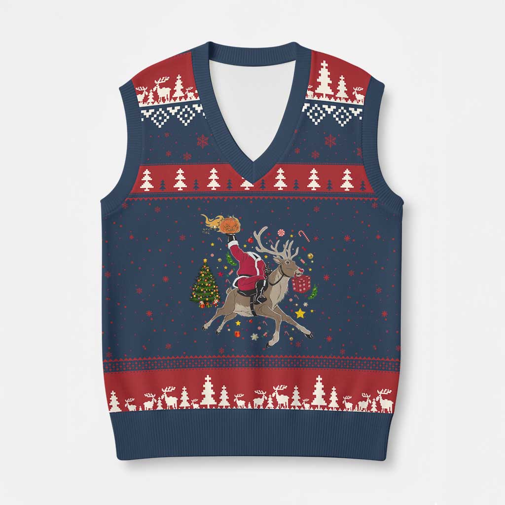 Funny Santa Headless Horseman V-Neck Knit Sweater Vest Xmas Halloween Gift - Wonder Print Shop