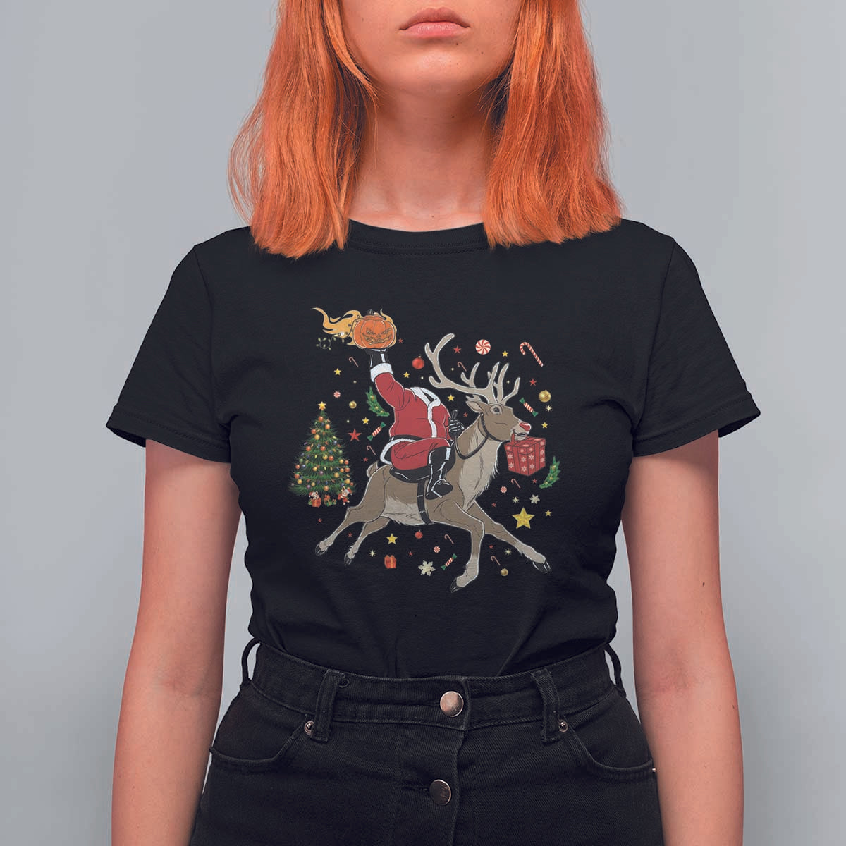 Funny Santa Headless Horseman T Shirt For Women Christmas Halloween Gift - Wonder Print Shop