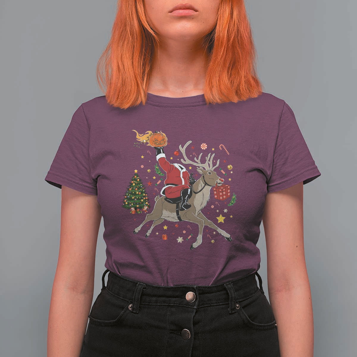 Funny Santa Headless Horseman T Shirt For Women Christmas Halloween Gift - Wonder Print Shop