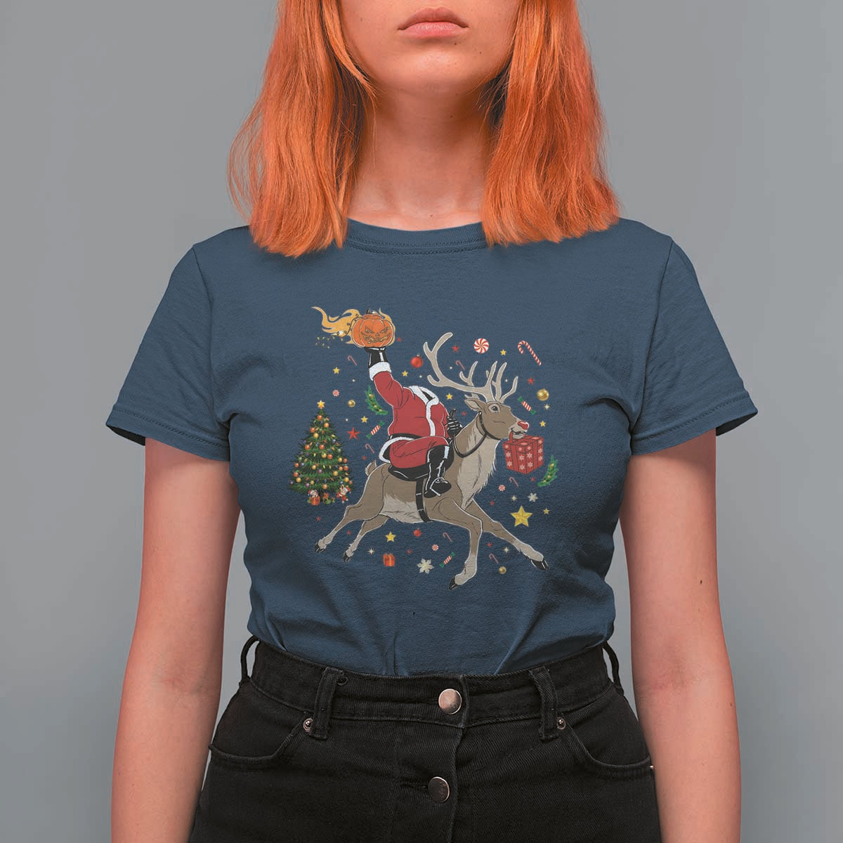 Funny Santa Headless Horseman T Shirt For Women Christmas Halloween Gift - Wonder Print Shop