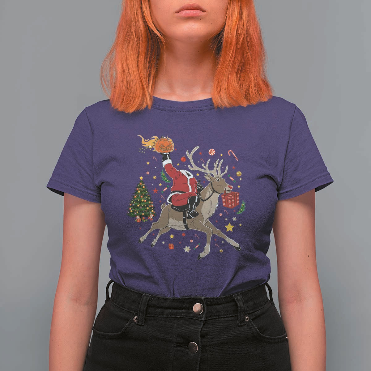 Funny Santa Headless Horseman T Shirt For Women Christmas Halloween Gift - Wonder Print Shop