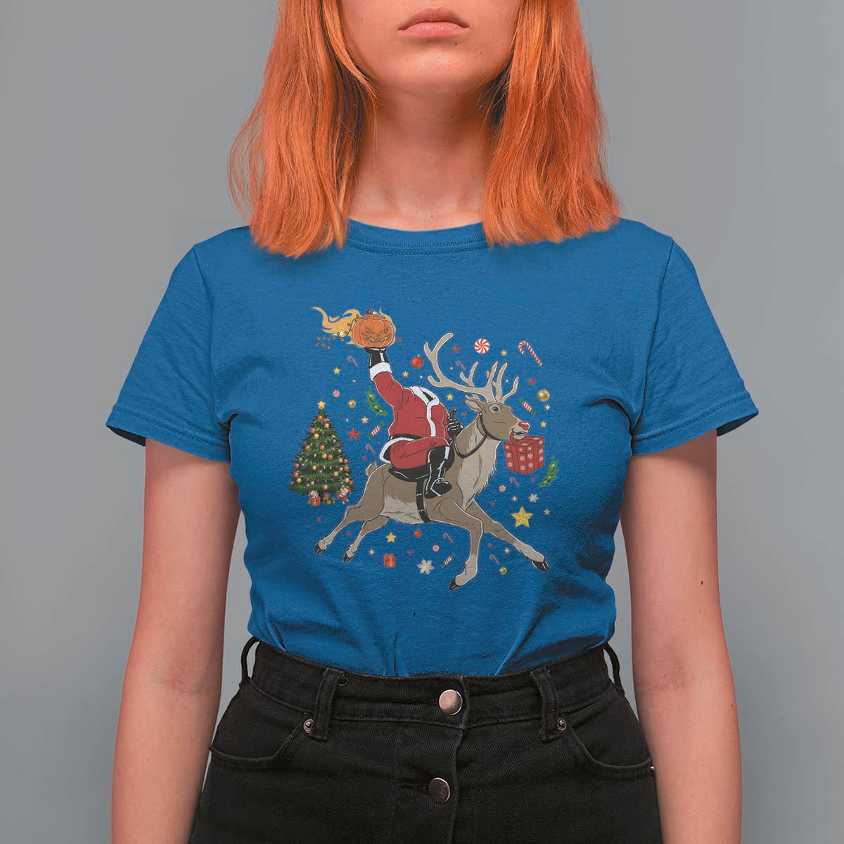 Funny Santa Headless Horseman T Shirt For Women Christmas Halloween Gift - Wonder Print Shop