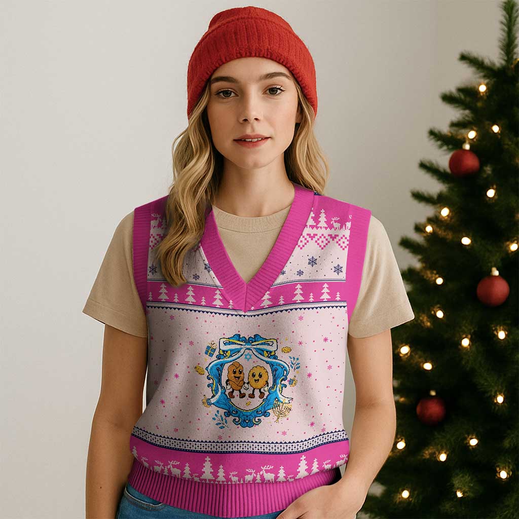Funny Hanukkah V-Neck Knit Sweater Vest Challah And Latke Cute Food Lover Gift - Wonder Print Shop