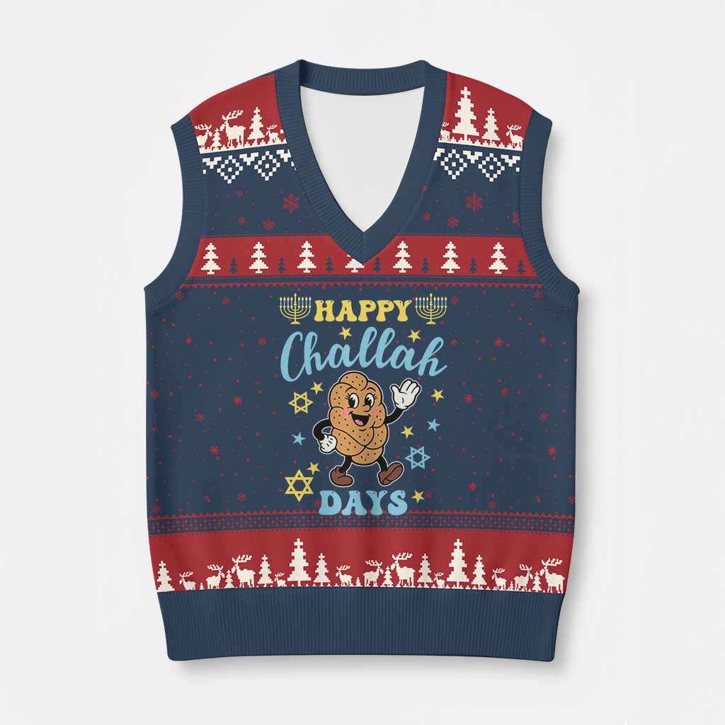 Funny Hanukkah Food Lover Gift V-Neck Knit Sweater Vest Happy Challah Days - Wonder Print Shop