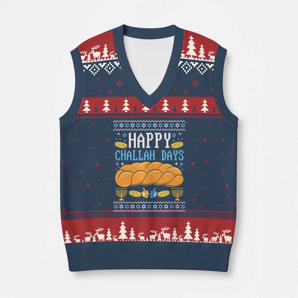 Happy Challah Days V-Neck Knit Sweater Vest Ugly Hanukkah Food Lover Gift - Wonder Print Shop