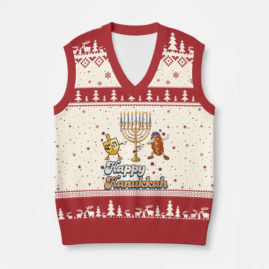 Funny Hanukkah V-Neck Knit Sweater Vest Dab Dreidel Menorah Challah Gift - Wonder Print Shop