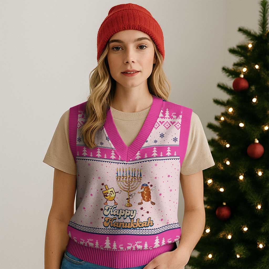Funny Hanukkah V-Neck Knit Sweater Vest Dab Dreidel Menorah Challah Gift - Wonder Print Shop