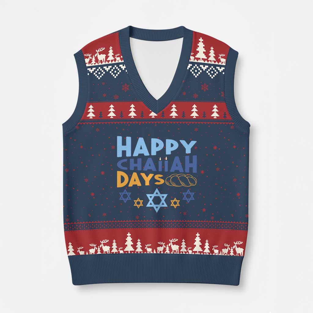 Happy Challah Days V-Neck Knit Sweater Vest Hanukkah Holiday Gift - Wonder Print Shop