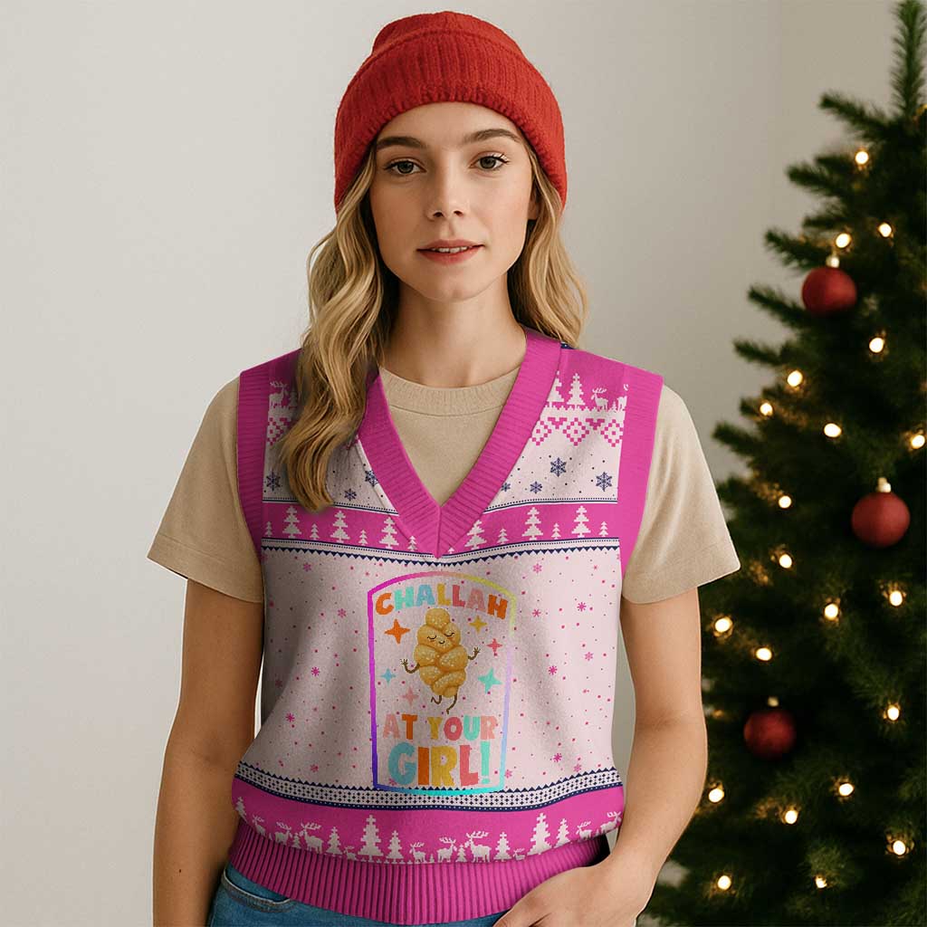 Funny Hanukkah Challah At Ya Girl V-Neck Knit Sweater Vest Jewish Chanukah Bread Gift - Wonder Print Shop