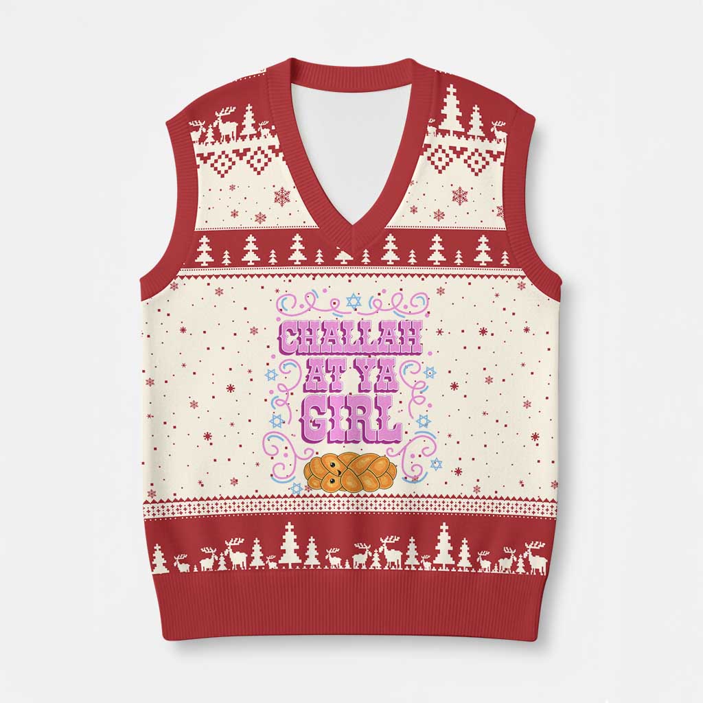 Funny Jewish Holiday V-Neck Knit Sweater Vest Challah At Ya Girl Gift - Wonder Print Shop
