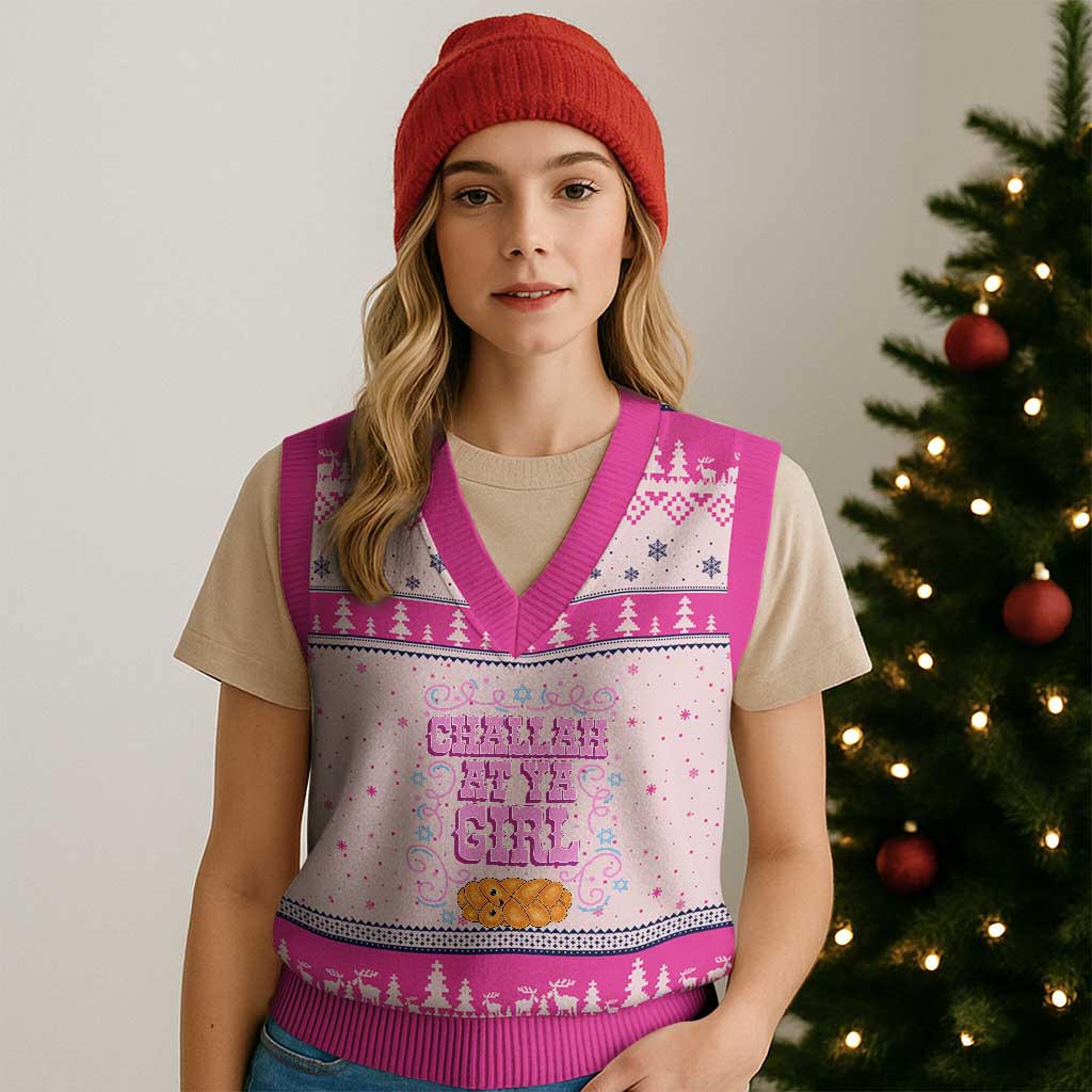 Funny Jewish Holiday V-Neck Knit Sweater Vest Challah At Ya Girl Gift - Wonder Print Shop