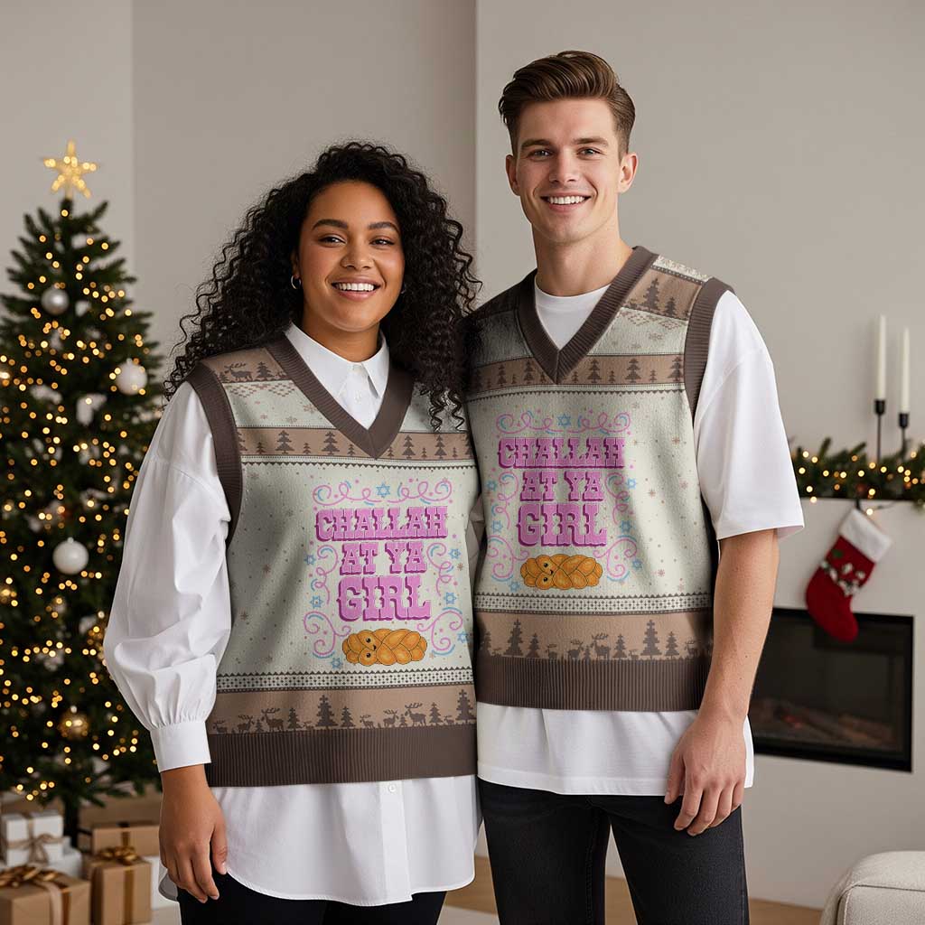 Funny Jewish Holiday V-Neck Knit Sweater Vest Challah At Ya Girl Gift - Wonder Print Shop
